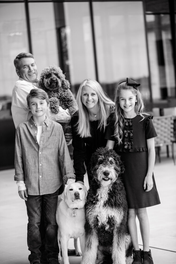 black and white portrait of family in Austin